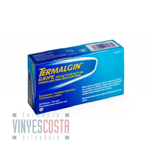 TERMALGIN GRIPE 650 MG/15,58 MG/4 MG GRANULADO PARA SOLUCION ORAL, 10 sobres