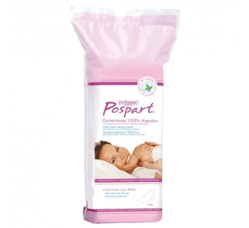 Compresas Higienicas Femeninas Posparto Indasec Algodon (Normal Con Alas 10 U)